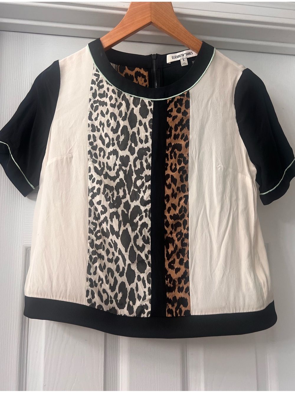 Elizabeth and James Black, White & Brown Leopard Panel Silk Blouse Sz Small